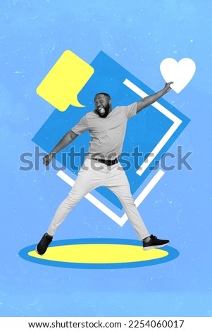 Collage photo of young energetic celebrating say chatterbox empty space guy dancing hold white paper like blogger isolated on blue painted background