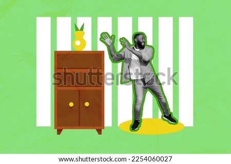 Creative photo 3d collage artwork poster postcard of positive man spending time lovely sweet home isolated on painting background