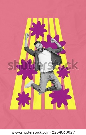 Creative 3d photo collage artwork graphics painting of funny lucky guy jumping high enjoying flowers isolated drawing background