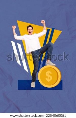 Vertical collage picture of overjoyed positive guy raise fists stand big money coin isolated on creative background