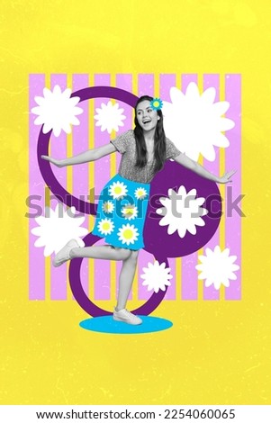 Creative photo 3d collage artwork poster postcard of happy girl lady good mood enjoy holiday event isolated on painting background