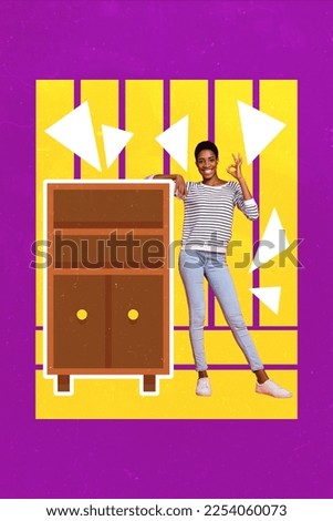 Collage artwork graphics picture of confident lady guy recommending buying wooden chest of drawers isolated painting background