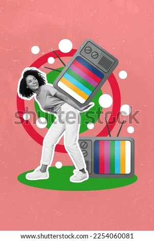 Vertical collage image of cheerful black white colors girl hands hold vintage tv isolated on painted background