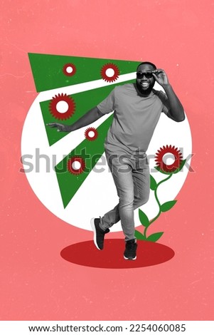 Creative photo 3d collage artwork poster of happy joyful guy walking street having fun isolated on painting background