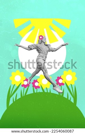 Collage photo of young attractive jumping celebrate good mood spring time good sunny weather girl enjoy flowers garden isolated on drawing background