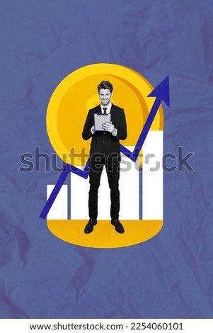 Creative retro 3d magazine collage image of busy smiling worker earning cash modern device isolated painting background