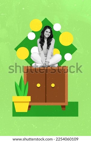 Collage artwork graphics picture of happy smiling lady sitting wooden drawer isolated painting background