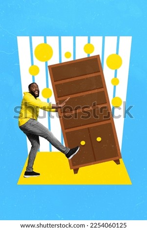 Creative photo 3d collage artwork poster postcard of happy man buy new flat decorating room isolated on painting background