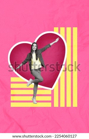 Photo collage artwork minimal picture of smiling charming lady enjoying 14 february isolated drawing background