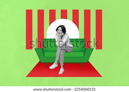 Photo sketch collage graphics artwork picture of dreamy smiling lady sitting couch isolated drawing background