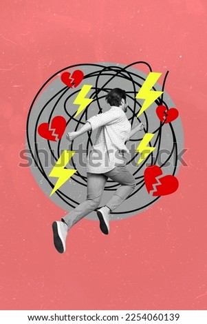 Creative running away excited energetic student guy broken heart thunderbolt doodle painting hole no electricity blackout isolated on pink background