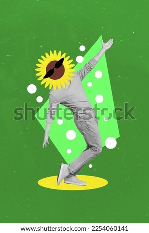 Composite collage of headless abstract guy dancing arm up yellow sunflower wear cool sunglass springtime isolated on green painted background