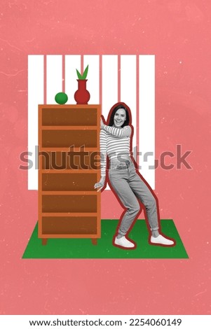 Collage photo advertisement of furniture moving company lady pushing alone big wardrobe indoors no power isolated on painted red background
