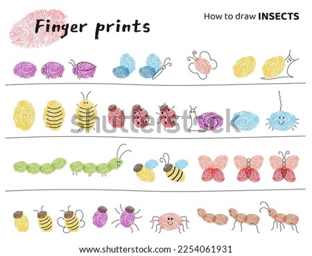 Finger prints art. Task for kids how to make different Insects.