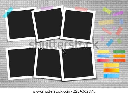 Photo frame with sticky tape in different colors and a paper clip. Photorealistic vector makeup in different sizes on a transparent background. With colorful stickers.