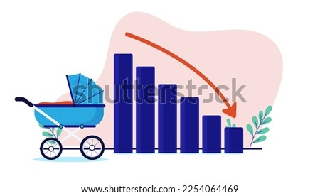 Low birth rate  - Baby stroller in and declining chart and graph with red arrow pointing down. Metaphor for low fertility statistic problem. Flat design vector illustration with white background Royalty-Free Stock Photo #2254064469