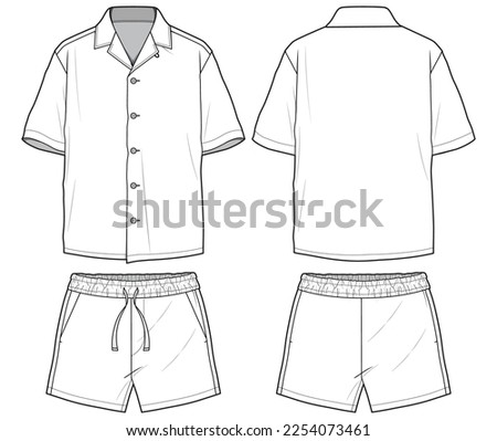 Men's short sleeve hawaiian resort shirt with shorts set design flat sketch illustration cad drawing with front and back view, Cuban collar aloha casual wear fashion illustration template mock up Royalty-Free Stock Photo #2254073461