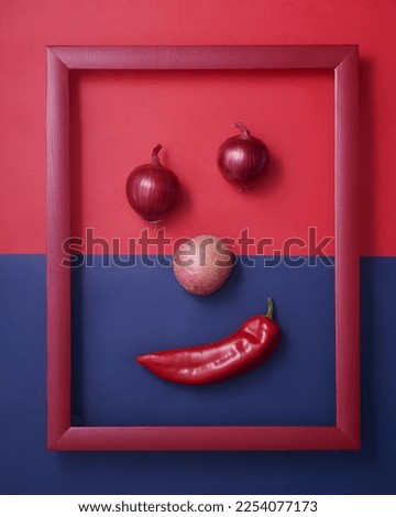 Onions, potato and pepper shaped as smiling face in wooden picture frame on red and blue background