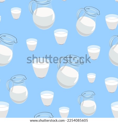 seamless pattern with jug of milk and glass of milk. pattern for fabric and background. Breakfast drink. 