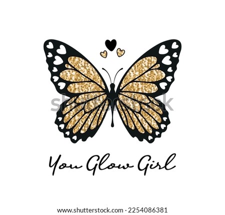 Butterfly with golden wings, vector design for fashion and poster prints, sticker, bag, mug, hat, shiny , gold, gold glitter, gold sequins