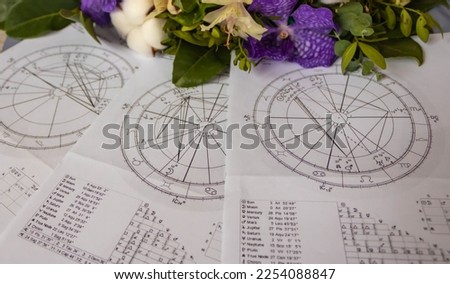 Printed astrology charts with flowers in the background, spring concept