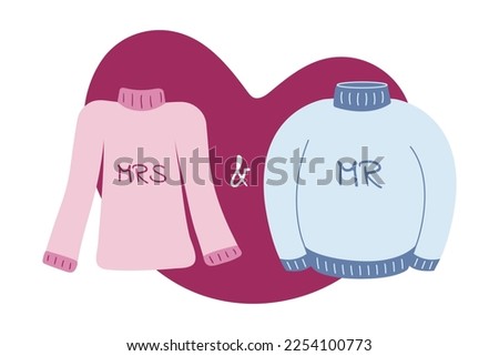 Illustration of Mr. and Mrs. gender paired sweaters for Valentine Day, February 14th. Love, heart shape. Pink and blue sweater. Vector illustration.