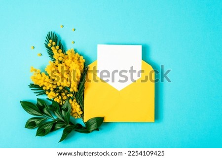 Envelope with blank card, mimosa yellow flowers on blue background. Spring holidays concept. Top view, flat lay, mockup.