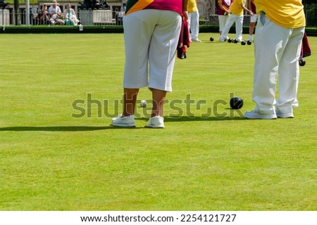 Lawn bowls, players stood over the Jack.