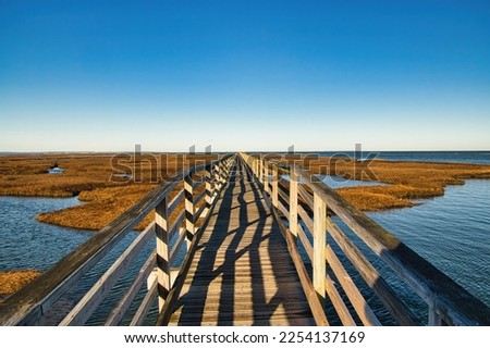 Under a blue sky on a snowless Winter day, an empty wooden boardwalk stretches to the horizon at Gray's Beach near Yarmouth Port, MA, on Cape Cod.