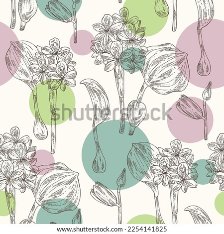 Seamless pattern with eichhornia crassipes: water hyacinth plant, leaves and eichhornia crassipes flowers. Water hyacinth. Cosmetic, perfumery and medical plant. Vector hand drawn illustration