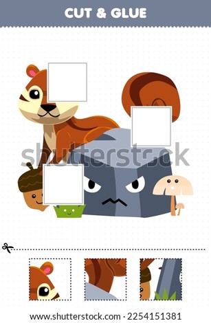 Education game for children cut and glue cut parts of cute cartoon squirrel behind the stone and glue them printable nature worksheet