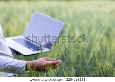 Cropped image of smart young farmer holding laptop computer, barley field as agricultural technology concept background.