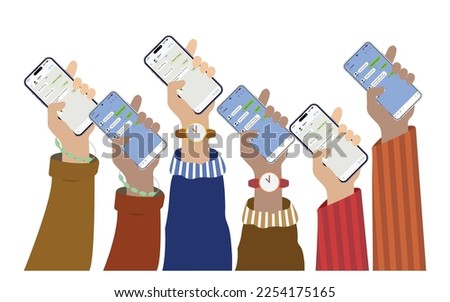 Modern mobile instant messenger chat poster with hands and smartphones. Hands Group Hold Cell Smart Phones Flat, Vector illustration.