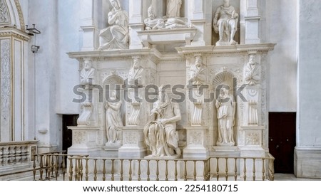 The 16th century Moses statue, sculpted in marble by Michelangelo, in the church of San Pietro in Vincoli, Rome, Italy. Royalty-Free Stock Photo #2254180715