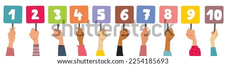
Jury Holding Signs with Numbers and Scores Vector Cartoon Illustration. People judging a competition giving feedback and grades 
 Royalty-Free Stock Photo #2254185693
