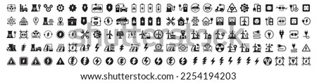 Electricity icon set. Electric power generator icons. Green energy symbol set. Contains symbol of hydro electric, wind turbine, nuclear plant, solar panel, car, motorcycle, worker, tower, dam and more Royalty-Free Stock Photo #2254194203