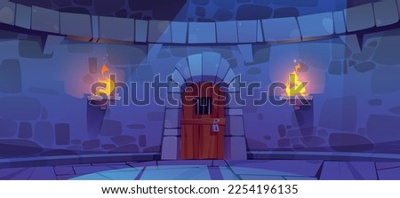 Castle dungeon with old wooden door. Vector cartoon illustration of medieval building stone wall, locked prison entrance illuminated with torch fire at night. Fortress tower facade for game background