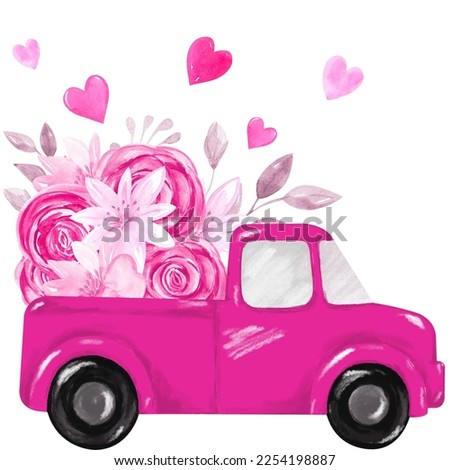 Valentines Day pink retro truck with flowers. Cute vintage pickup truck delivers hearts. Valentines Day greeting card, banner, poster, flyer, etc.