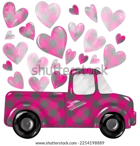 Valentines Day pink retro truck with hearts. Cute vintage pickup truck delivers hearts. Valentines Day greeting card, banner, poster, flyer, etc.