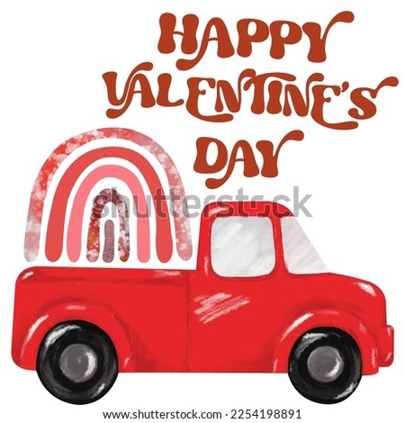 Valentines Day red retro truck. Cute vintage pickup truck. Happy Valentines Day greeting card, banner, poster, flyer, etc.