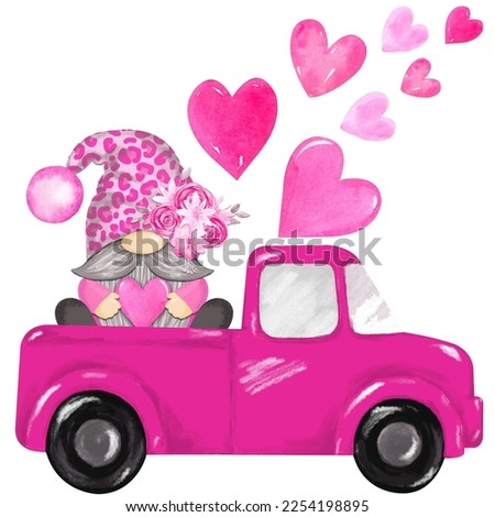 Valentines Day pink retro truck with gnome and hearts. Cute vintage pickup truck delivers hearts. Valentines Day greeting card, banner, poster, flyer, etc.
