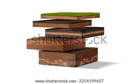 Isometric Soil Layers diagram, Cross section of green grass and underground soil layers beneath, stratum of organic, minerals, sand, clay, Isometric soil layers isolated on white Royalty-Free Stock Photo #2254199607