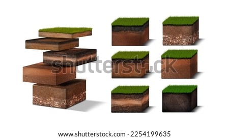 Isometric Soil Layers diagram, Cross section of green grass and underground soil layers beneath, stratum of organic, minerals, sand, clay, Isometric soil layers isolated on white Royalty-Free Stock Photo #2254199635