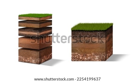 Isometric Soil Layers diagram, Cross section of green grass and underground soil layers beneath, stratum of organic, minerals, sand, clay, Isometric soil layers isolated on white Royalty-Free Stock Photo #2254199637