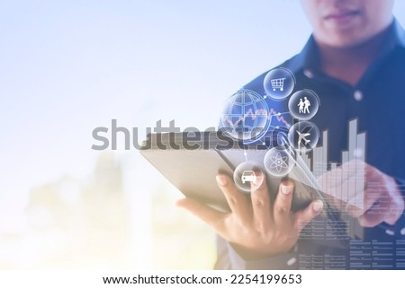 Online banking and business transaction or online marketing with tablet and smartphone pushing a button, processing system for future modern technology.
