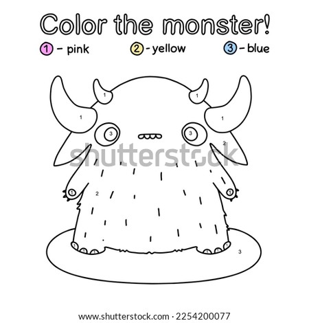 Cute cartoon monster coloring page for children. Simple color by numbers worksheet for preschool activity. Learning colors and numbers with fun and joy. Printable vector illustration.