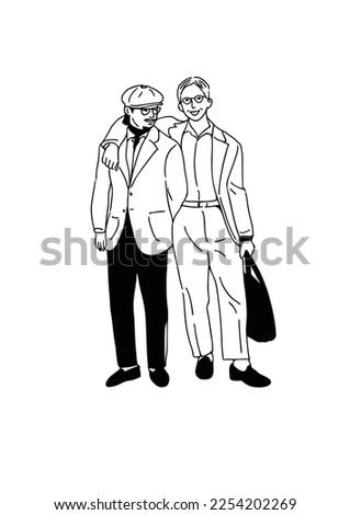 two men walking together hand drawn art illustration