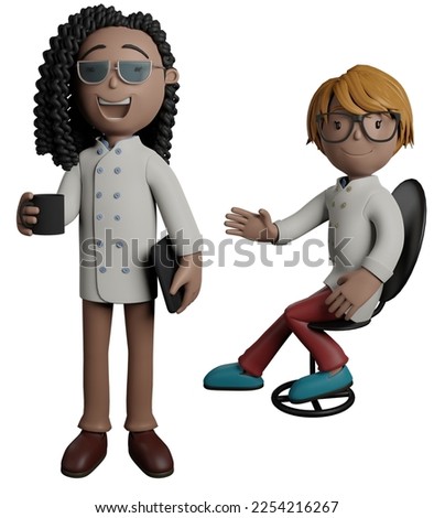Cartoon character female chef cook holding cup coffee and another person sit on the chair isolated on white background. 3d render illustration.