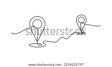 Continuous one line drawing of path and Location pointers. Simple pins on way between two points in thin Linear style. Gps navigation and Travel concept. Doodle vector illustration