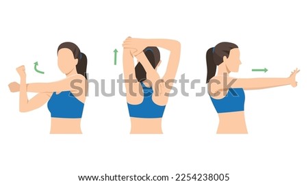 Woman stretching posture for aches treatment at shoulder, arm, neck and back. Flat vector illustration isolated on white background Royalty-Free Stock Photo #2254238005